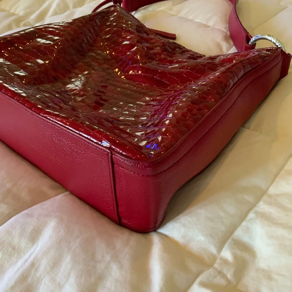 Brighton Red Crocodile-Embossed Patent Leather Large Hobo Shoulder Women's Bag
